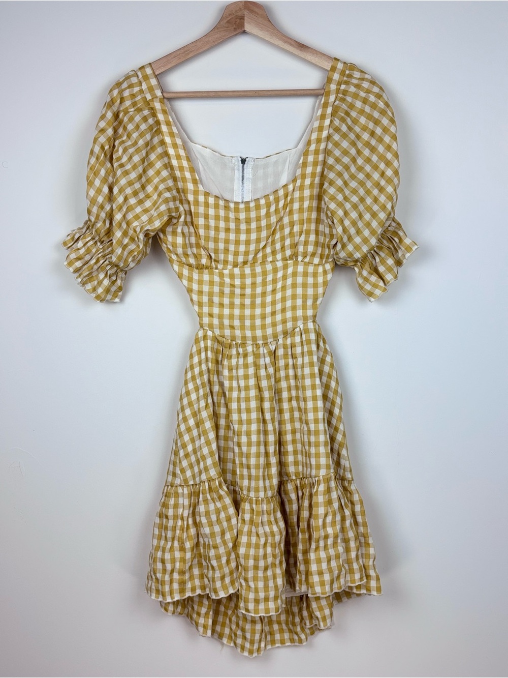 🌼 Talulah Gingham Puff Sleeve Mini Dress | Size S | Mustard Yellow